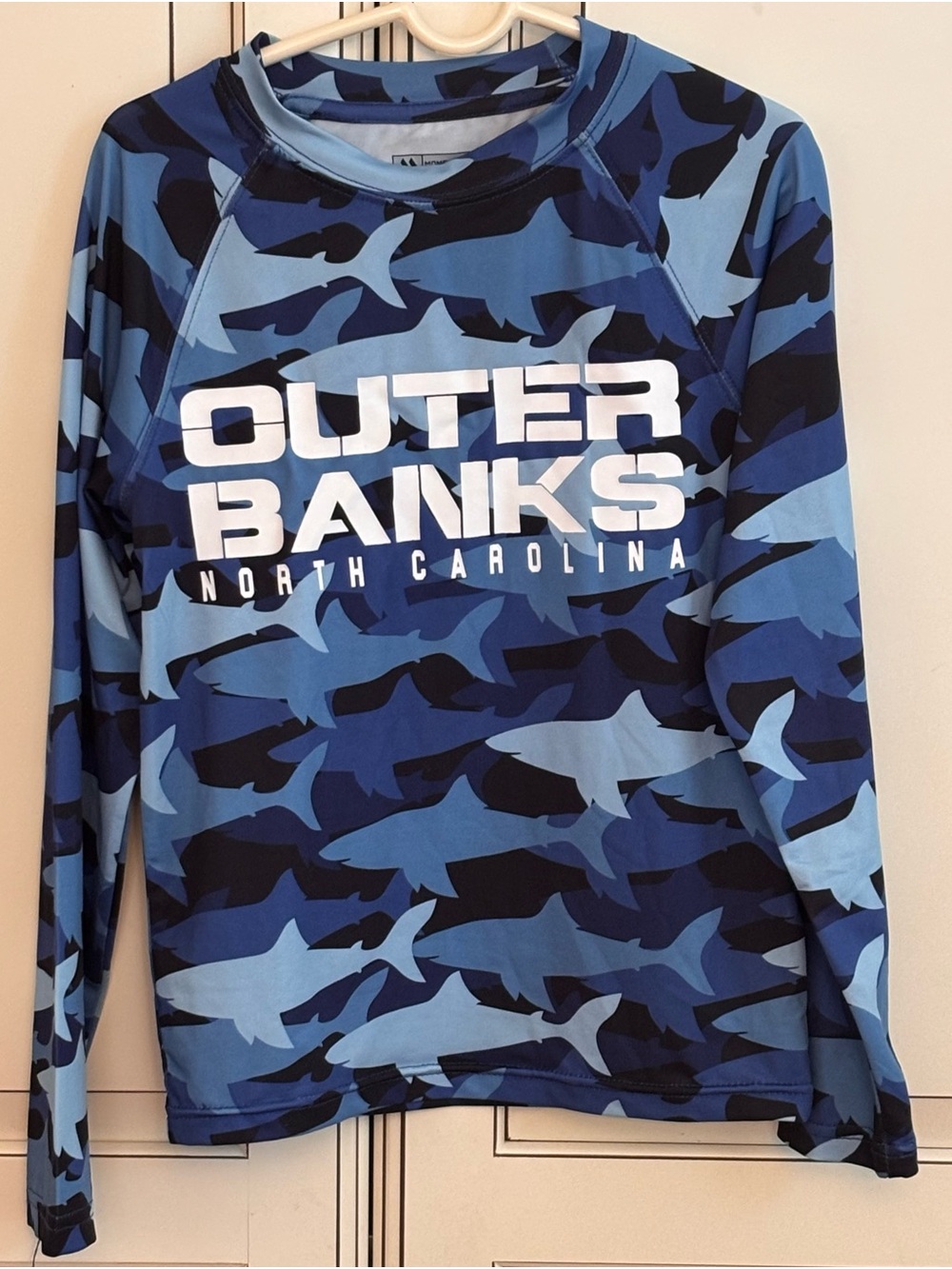 Outer Banks North Carolina Blue Shark Camo Long Sleeve Rash Guard/ Swim Shirt